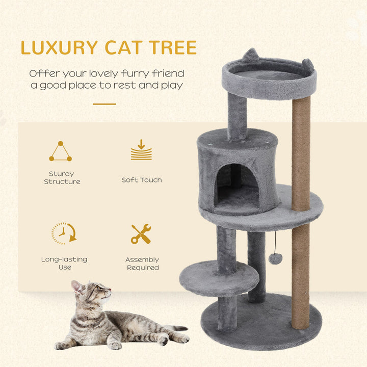 PawHut Deluxe Cat Tree with 3-Tier, Scratching Posts, Play Ball, and Plush Toy for Climbing and Relaxing, Grey | Aosom UK