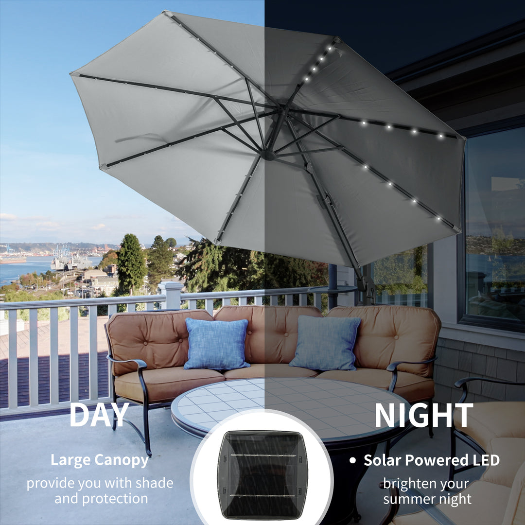 3(m) LED Cantilever Parasol Garden Sun Umbrella w/ Cross Base and Solar Lights Grey