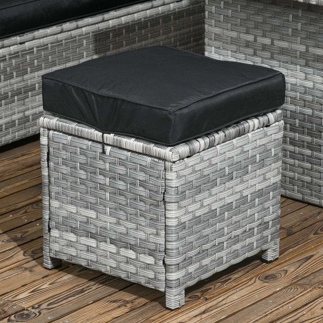 5-Piece Rattan Patio Furniture Set with Corner Sofa, Footstools, Glass Coffee Table, Cushions, Mixed Grey