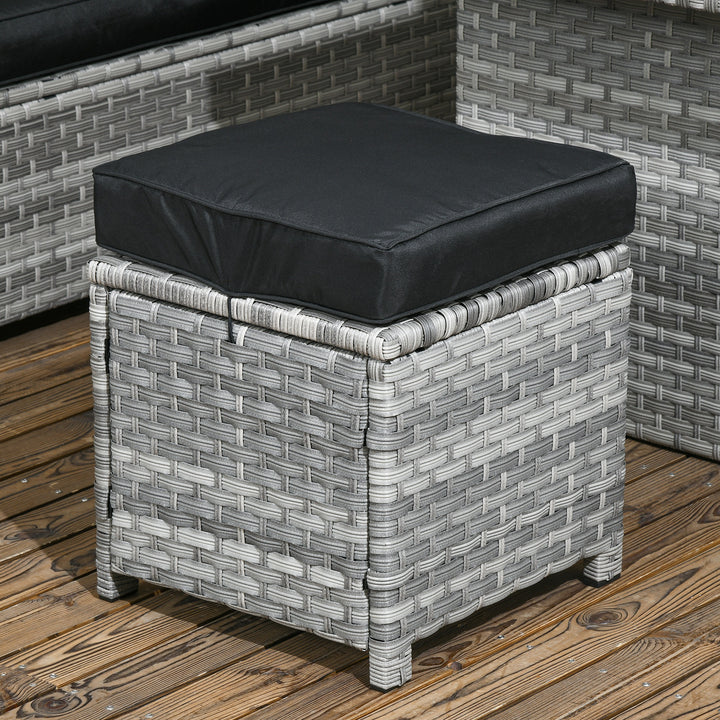 5-Piece Rattan Patio Furniture Set with Corner Sofa, Footstools, Glass Coffee Table, Cushions, Mixed Grey