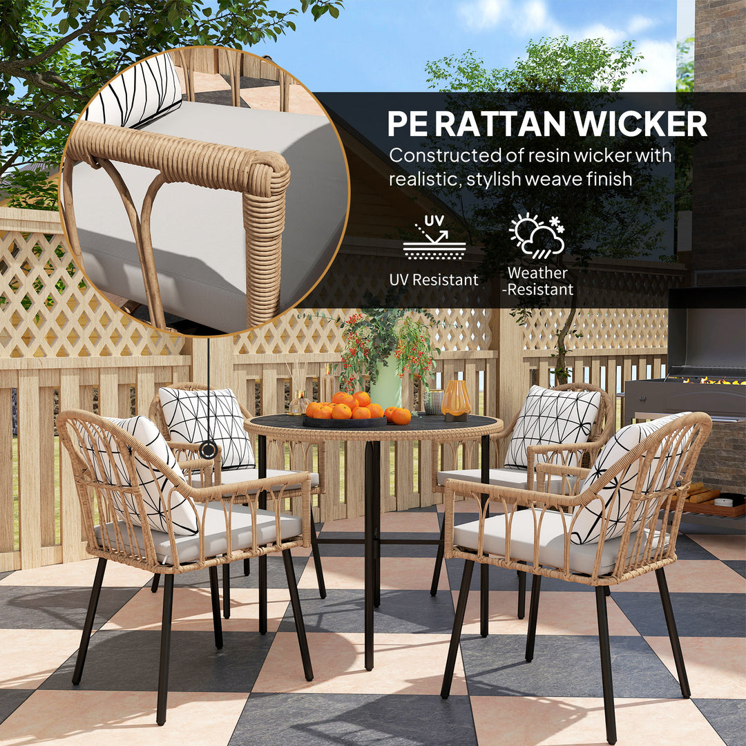 5 Piece Patio Rattan Dining Set, Wicker Garden Table and Chairs w/ Removable Seat & Back Cushions, Round Tempered Glass Tabletop, Parasol Hole, Outdoor Furniture Conservatory Set, Light Brown