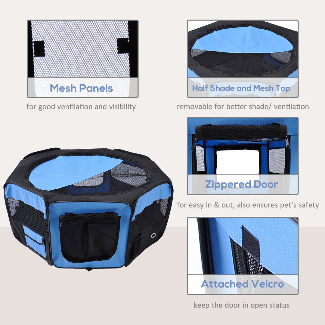 PawHut Fabric Pet Playpen: 8-Panel Foldable Mesh Enclosure for Outdoor Use, Dia 90 x 41H cm, Blue | Aosom UK