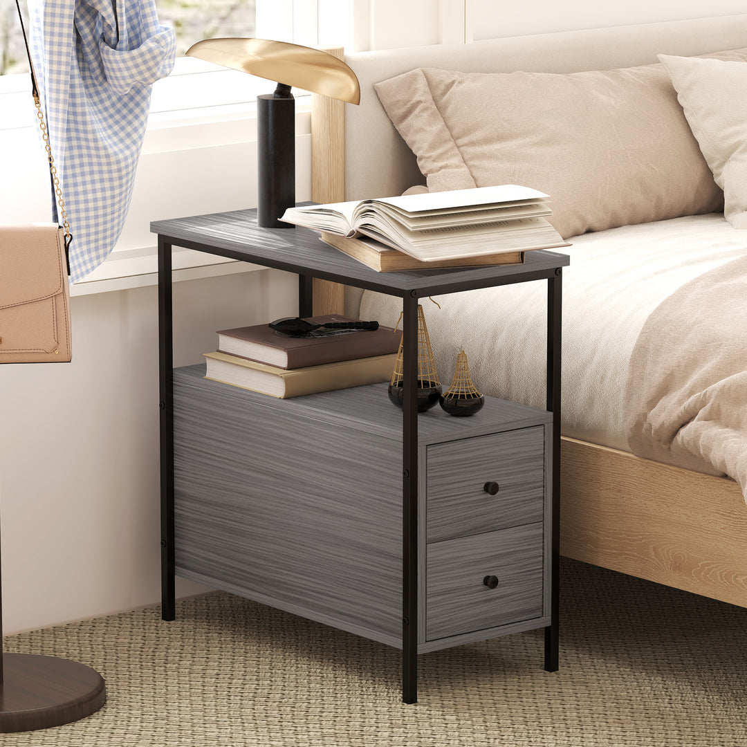 Side Table, Narrow Bedside Table with 2 Drawers and Storage Shelf, Industrial End Table with Metal Frame for Small Spaces, Grey Wood Grain