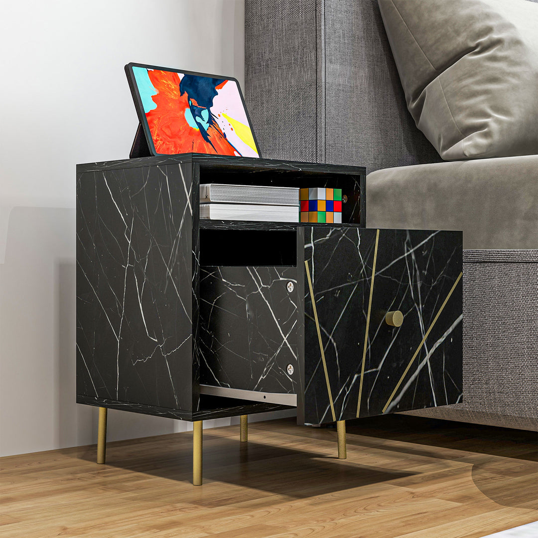 Elegant Bedside with Storage - Black/Gold Tone