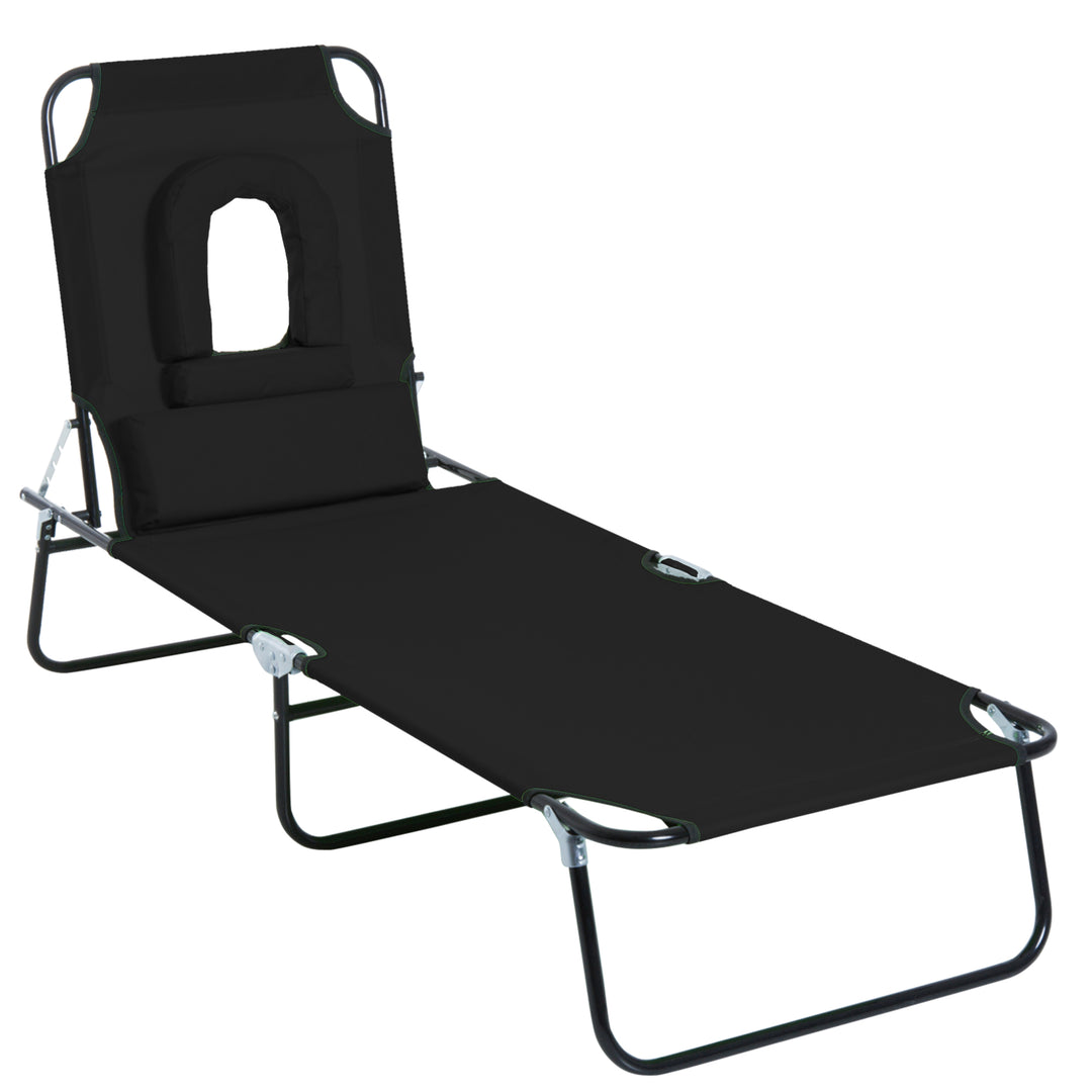 Outdoor Folding Sun Lounger with Face Hole, 4 Level Adjustable Backrest Reclining Garden Lounger, Garden Recliner Sunbed with 600 D Oxford Cloth Seat and Pillow for Beach, Black