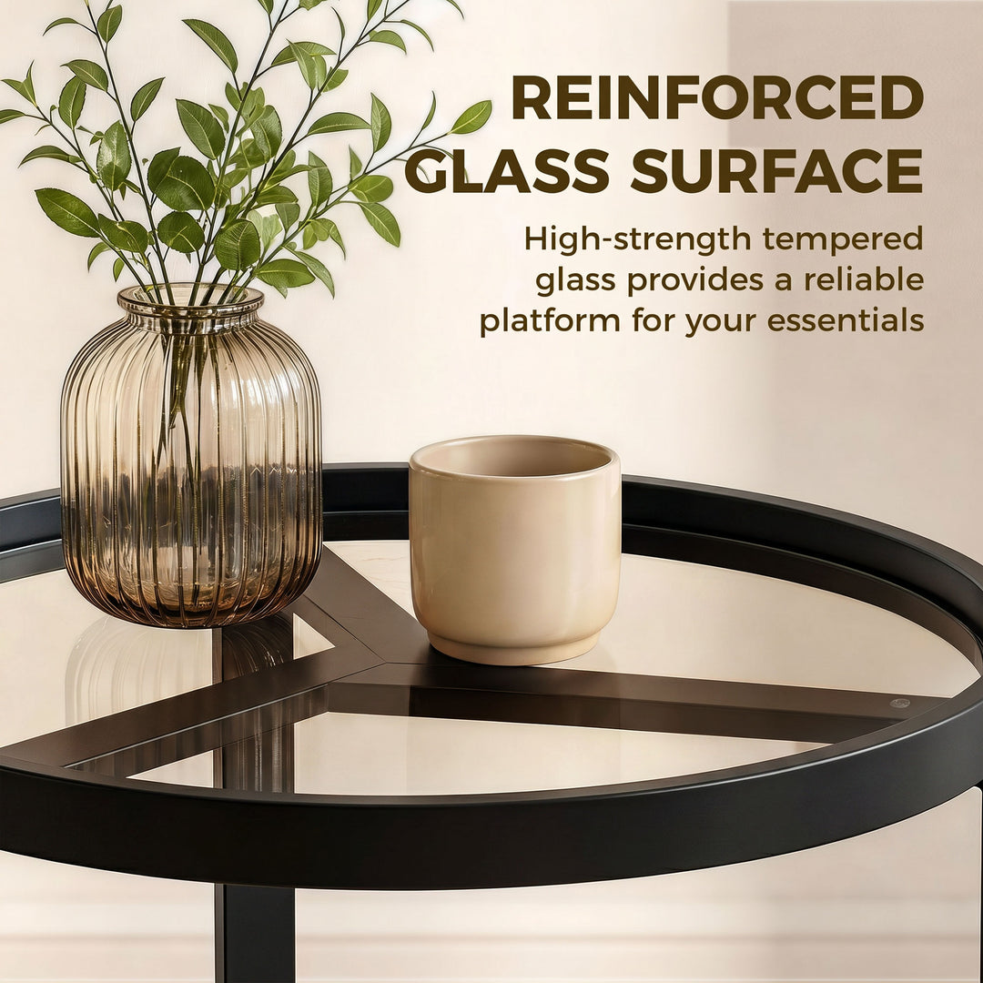 Round Side Table with Tempered Glass Top and Geometric Metal Frame for