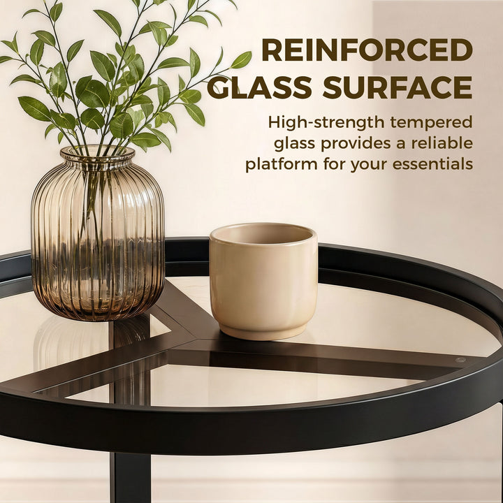 Round Side Table with Tempered Glass Top and Geometric Metal Frame for