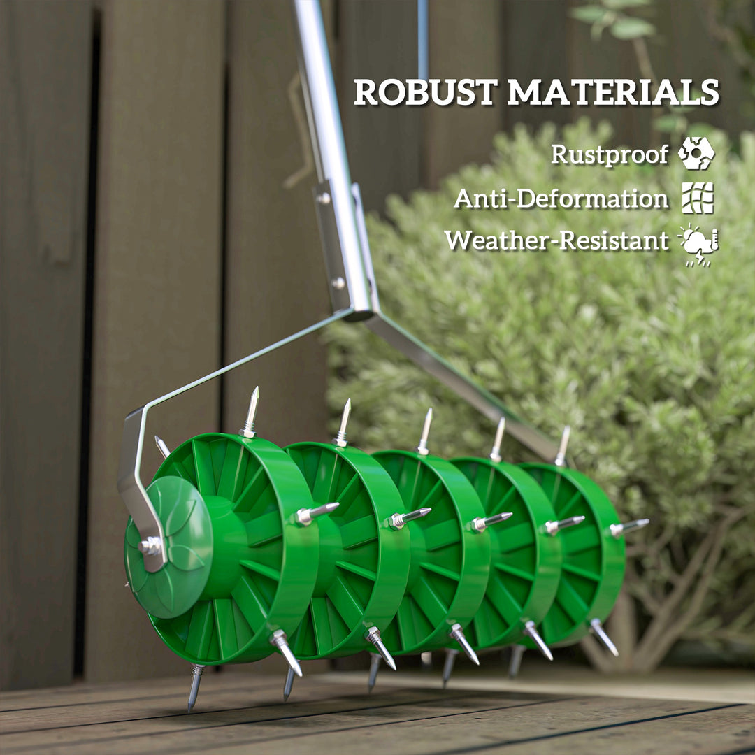 Rolling Lawn Aerator, Manual Grass Spike Roller, Heavy Duty Garden Aerator with 3 Piece Detachable Handle and T-bar Grip, Outdoor Garden Lawn Tool, Dark Green
