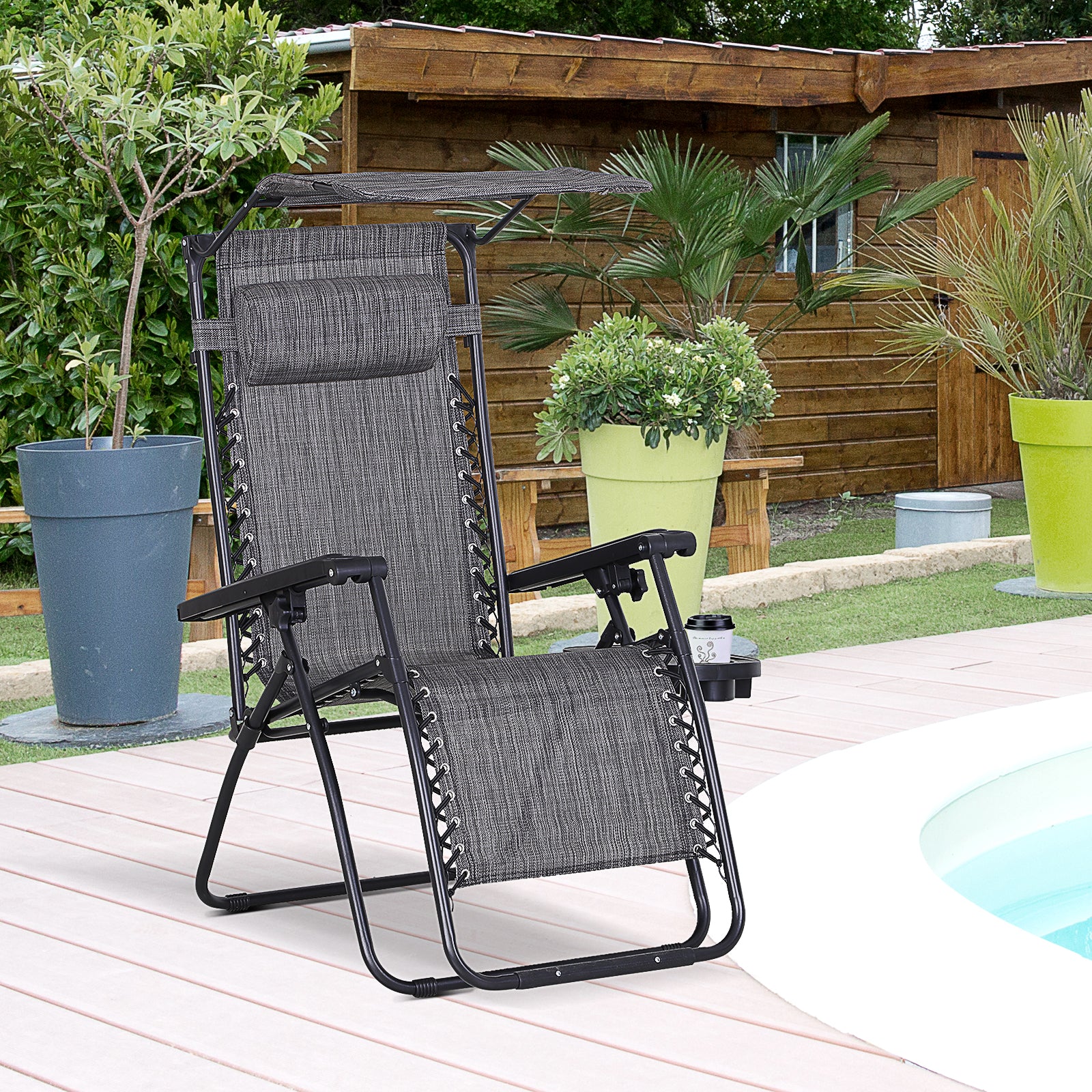 Foldable Reclining Garden Chair with Headrest, Zero Gravity Deck Sun Lounger Seat Chair with Footrest, Armrest, Cup Holder & Canopy Shade, Grey