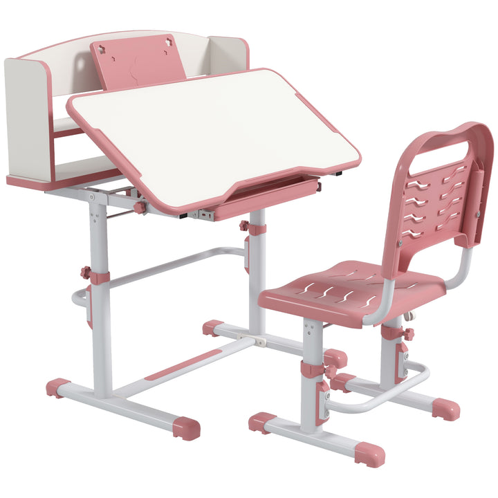 ZONEKIZ Height Adjustable Kids Study Table and Chair Set, with Drawer, Storage Shelf, 80 x 54.5 x 104 cm, Pink | Aosom UK