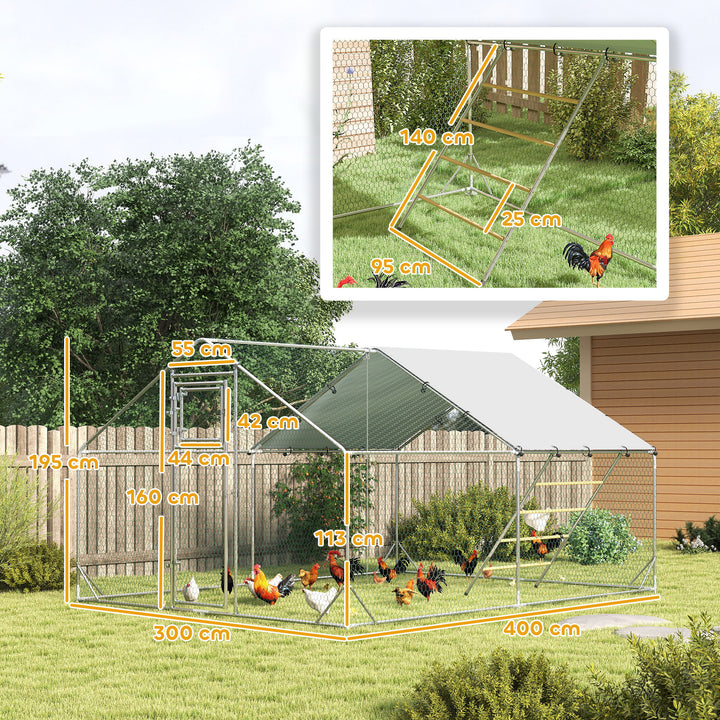 Walk in Chicken Run w/ Cover, Feeding Door, Hanging Feeder, Perch, for 12-18 Poultry