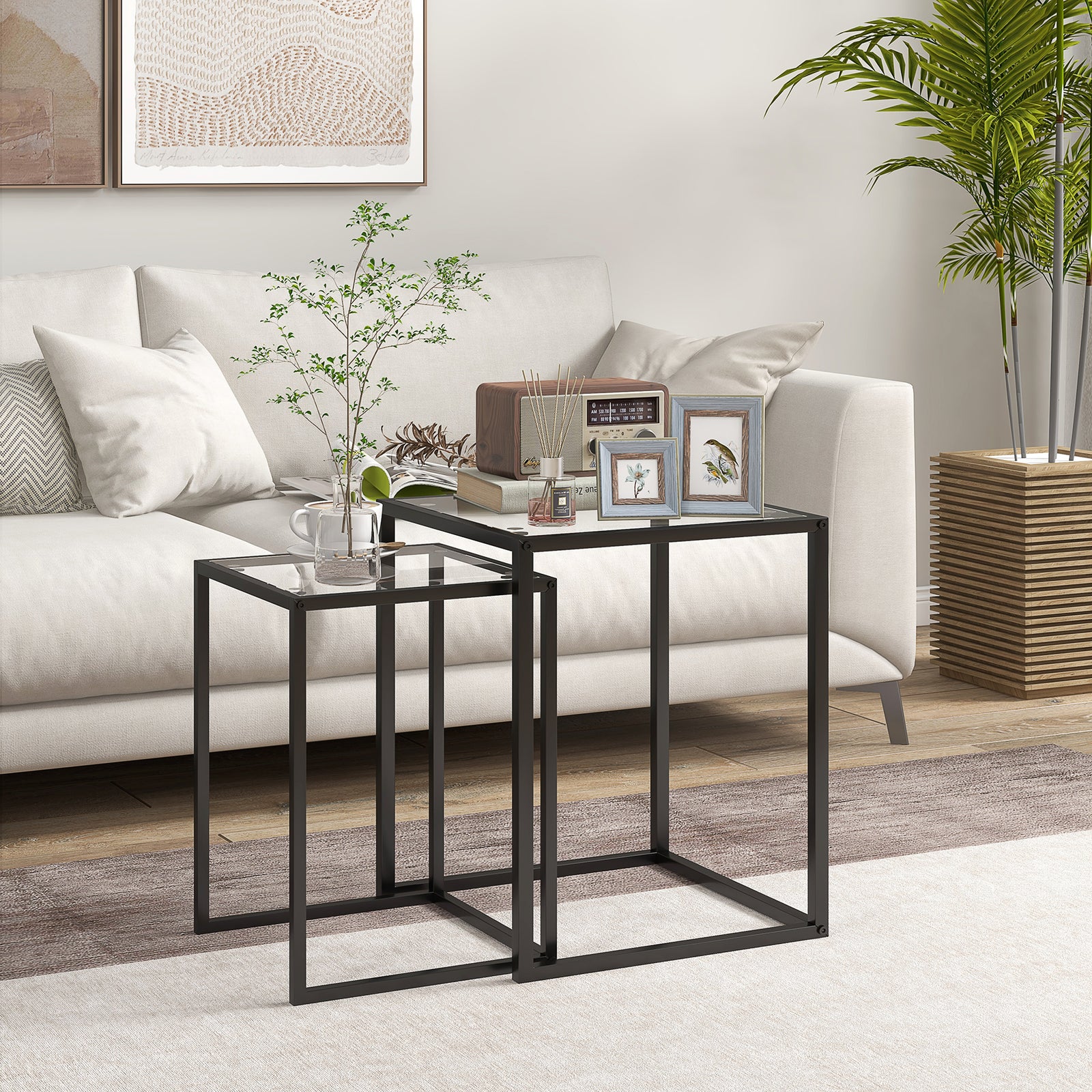 Nesting Tables Set of 2, Side End Table with Tempered Glass Top and Steel Frame for Living Room, Bedroom, Black