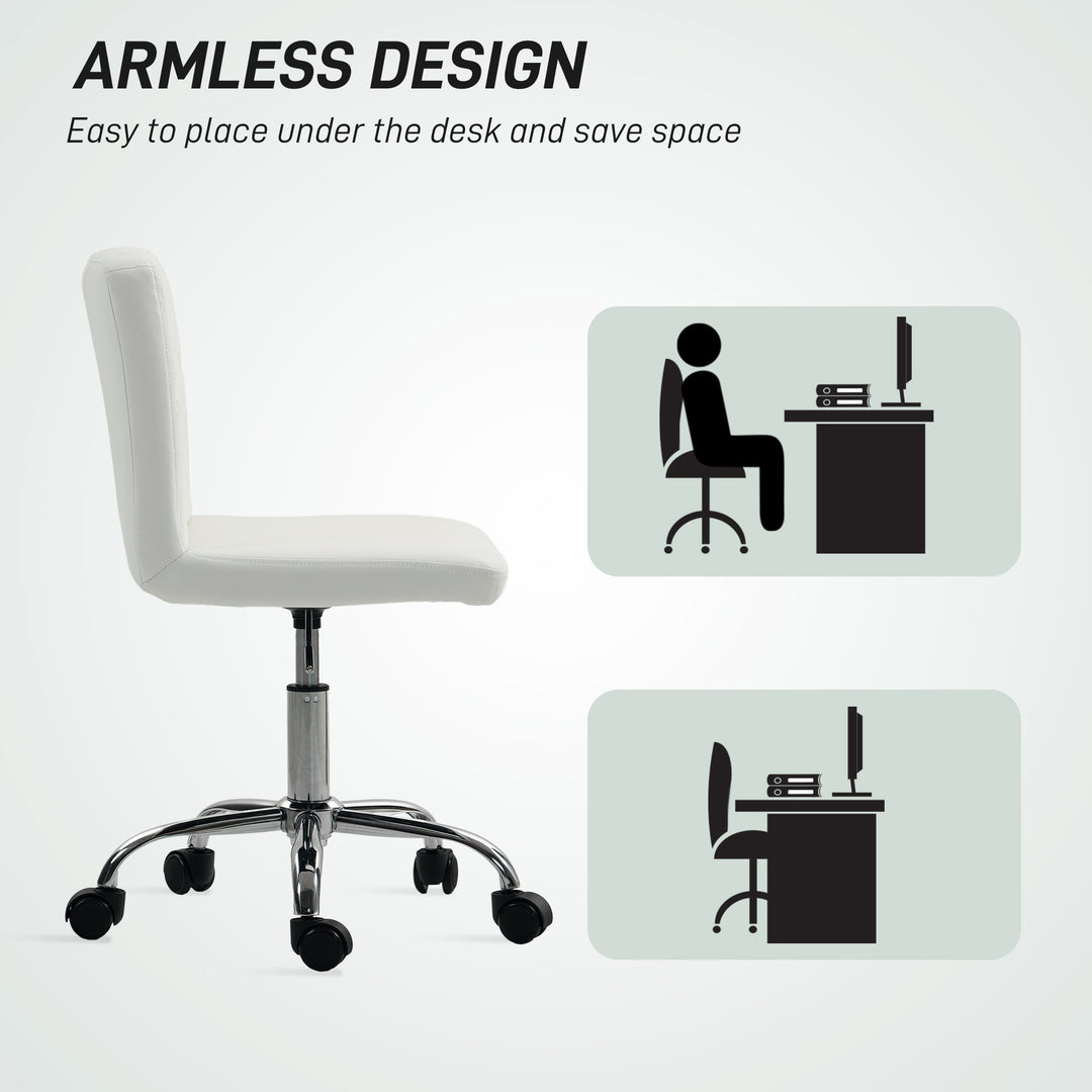 PU Leather Armless Office Chair, Modern Vanity Computer Swivel Chair with Rolling Wheels and Adjustable Height for Home Study, Bedroom, White