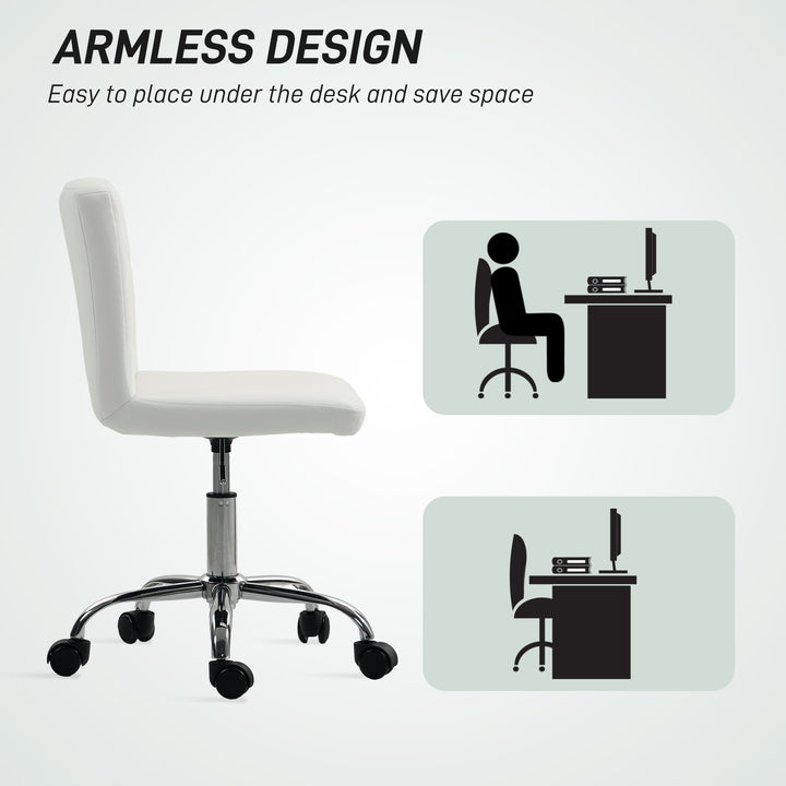 PU Leather Armless Office Chair, Modern Vanity Computer Swivel Chair with Rolling Wheels and Adjustable Height for Home Study, Bedroom, White