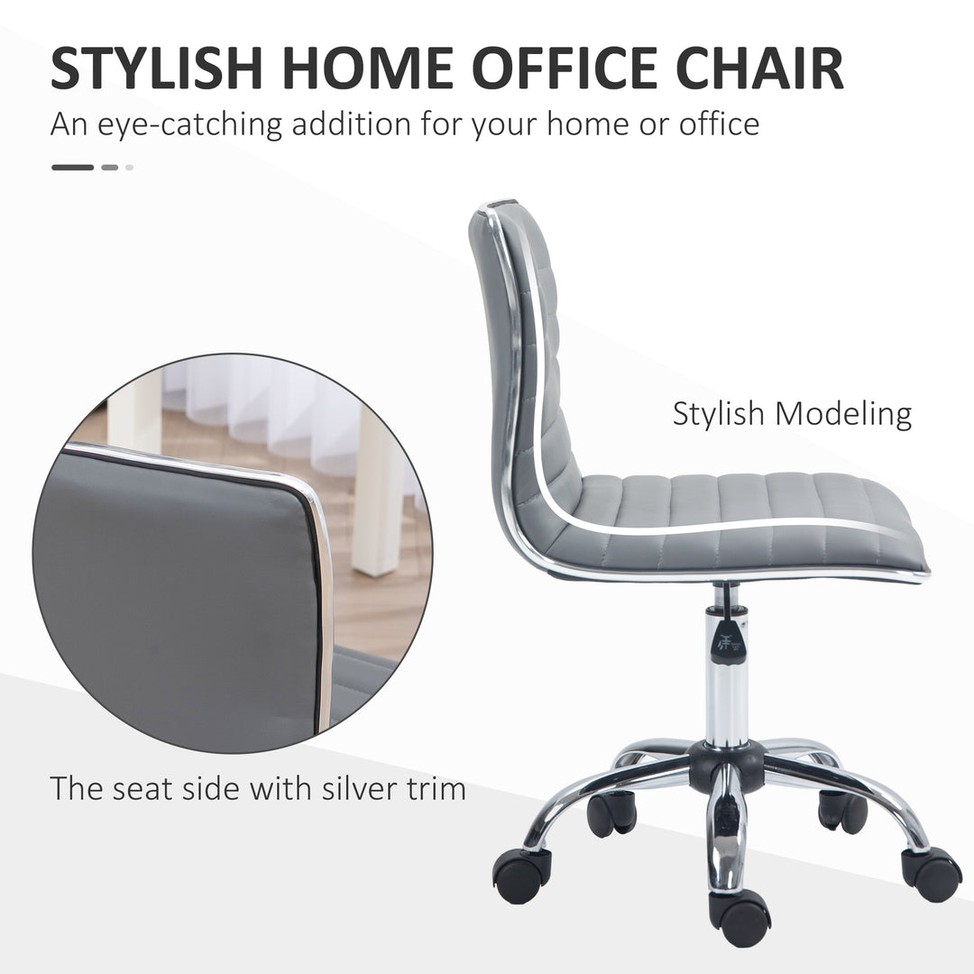 Armless Task Desk Chair, Swivel Office Chair with Faux Leather, Adjustable Seat Height, Chrome Base, Wheels for Home, Light Grey