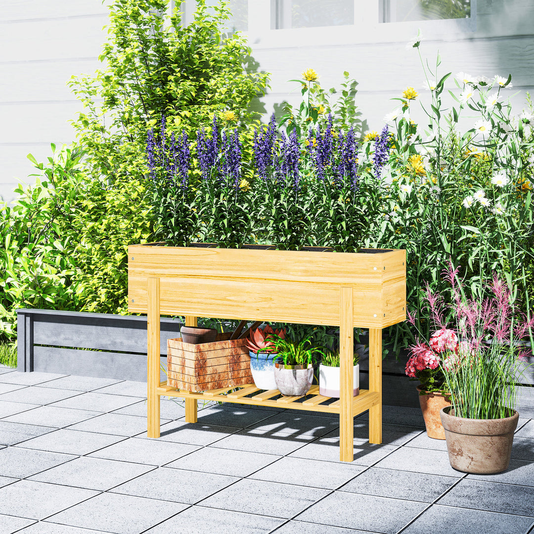 Wooden Raised Garden Bed, Elevated Planter Box with Bed Liner, Drainage Holes and Storage Shelf, Raised Planter for Vegetables, Flowers, Herbs, 100 x 30 x 71 cm, Natural Wood Finish
