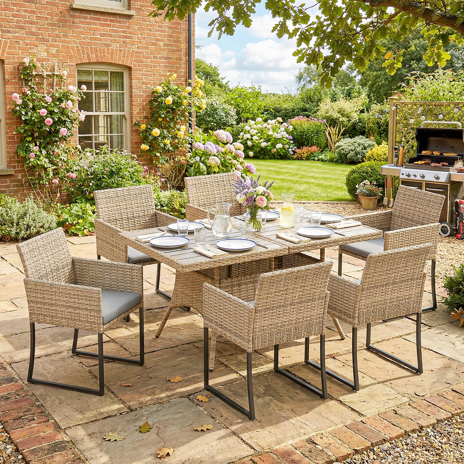7 Piece Rattan Garden Furniture Set, Garden Dining Set with Wood-Plast