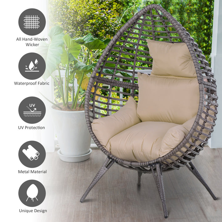 Garden Egg Chair, Teardrop Outdoor PE Rattan Chair with Full-body Soft Padded Cushion, Grey