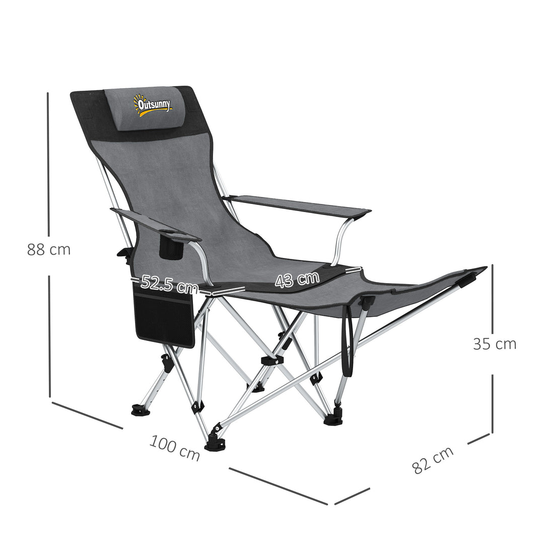 Set of 2 Reclining Folding Camping Chair w/ Detachable Footrest, Storage Bag, Cup Holder & Headrest, Lightweight Portable Camp Chair for Beach, Picnic, Grey and Black