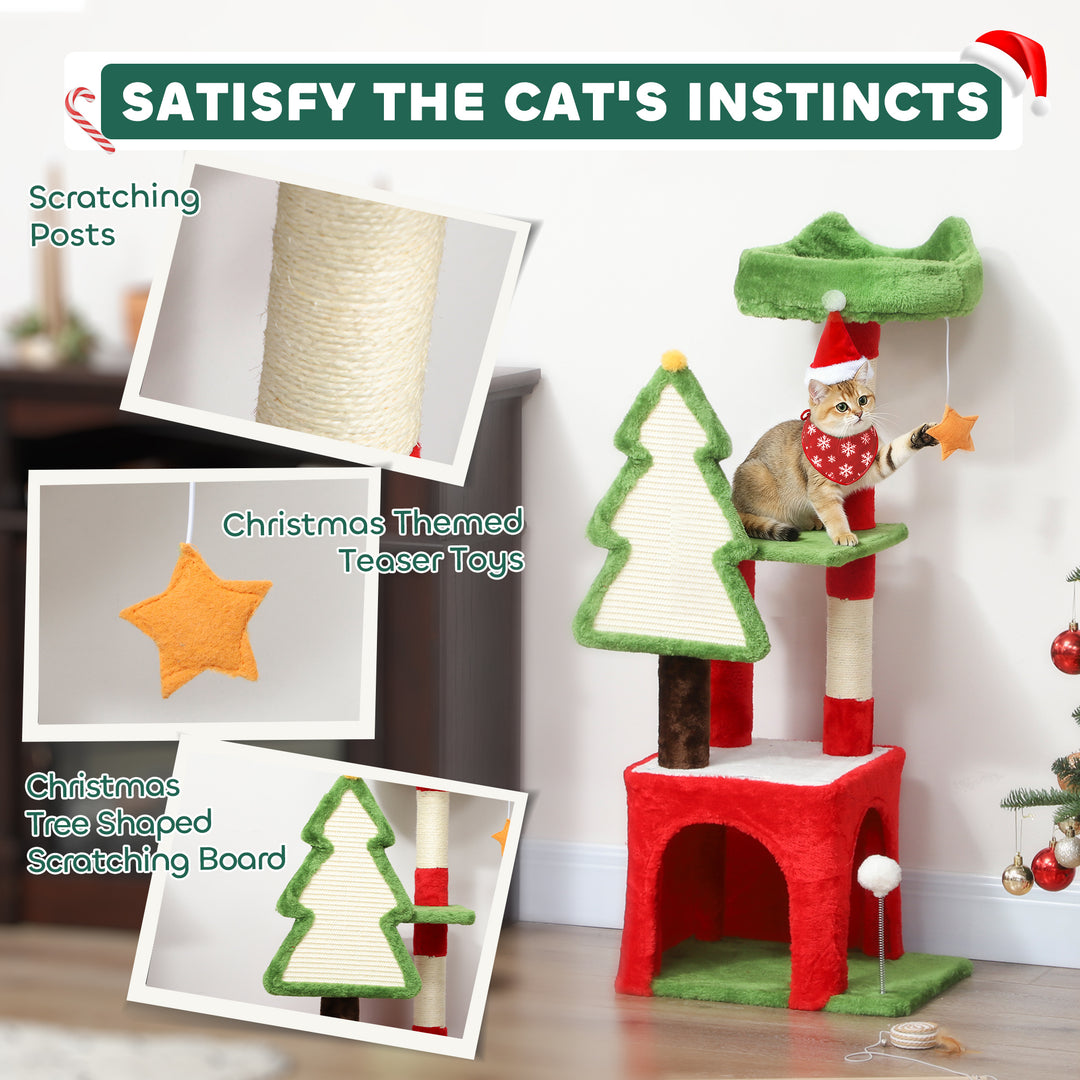 Christmas Cat Tree, 120cm Cat Tower with Scratching Post &amp; Board, Plat