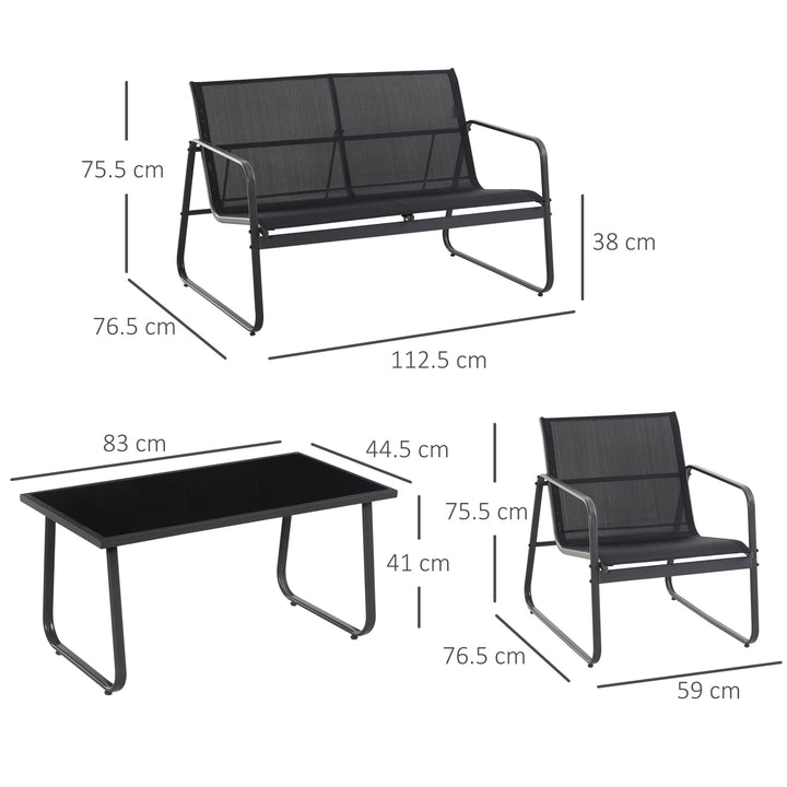 Outsunny 4 Piece Garden Furniture Set Outdoor Patio Sofa Set with Double Chair, Single Chairs and Glass Top Table for Terrace and Balcony, Black