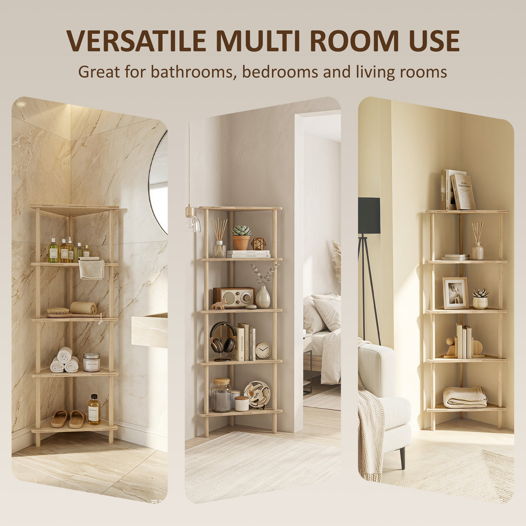 Bamboo Storage Shelf, 5-tier Corner Shelf, Freestanding Shelving Unit 