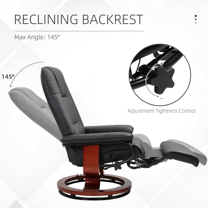 360° Swivel Recliner Chair with Footstool, Manual Recliner Armchair with Wooden Base, Faux Leather Upholstered Reclining Chair for Living Room, Bedroom, Office, Black