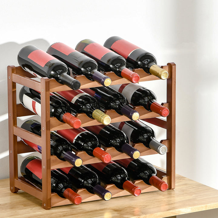 Free Standing Bamboo Wine Rack with 16 Bottles Holder, 4-tier Water Bottle Organiser, Display Shelf for Countertop, Home Bar, Brown