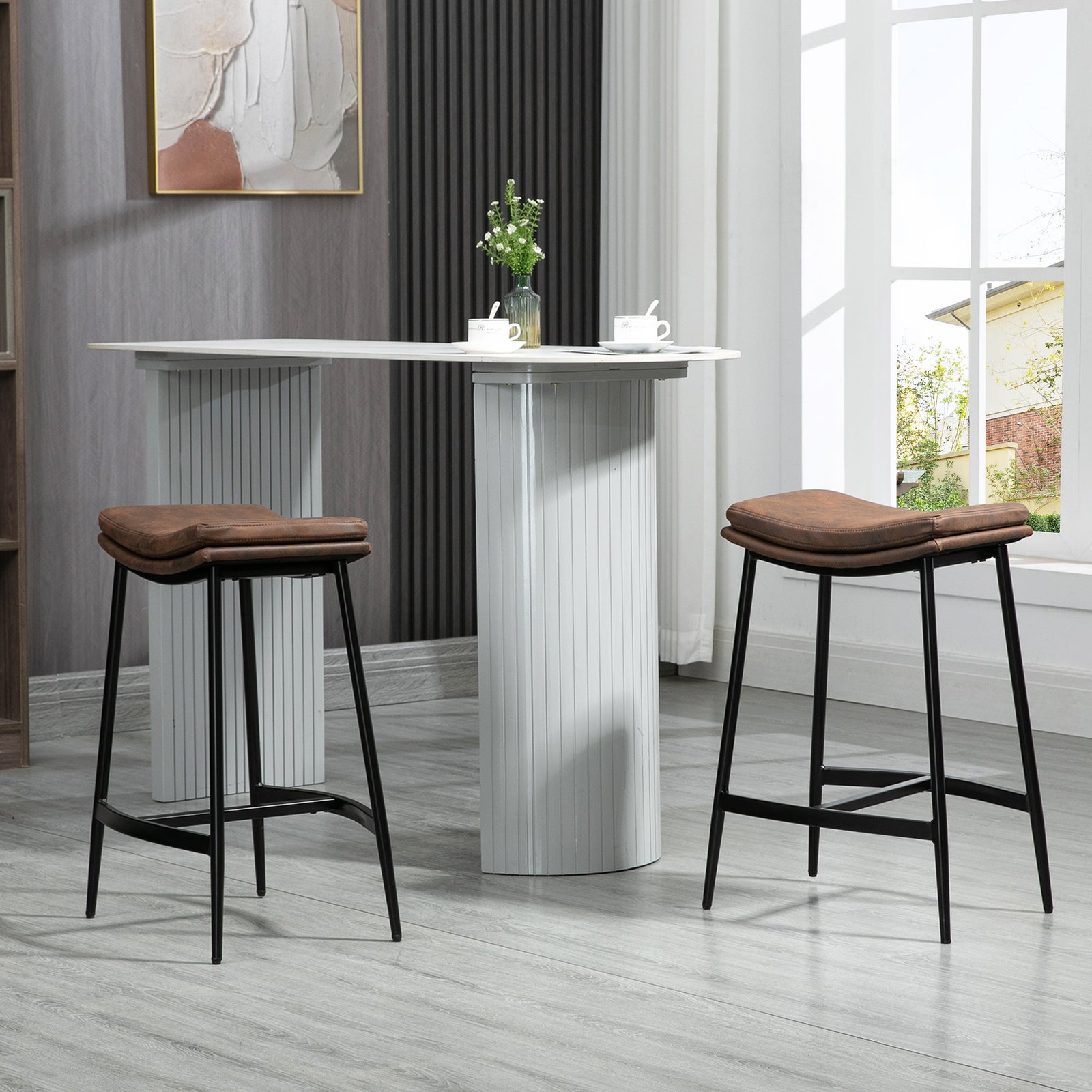Breakfast Bar Stools Set of 2, Microfibre Upholstered Barstools, Industrial Bar Chairs with Curved Seat and Steel Frame for Dining Room, Kitchen, Brown