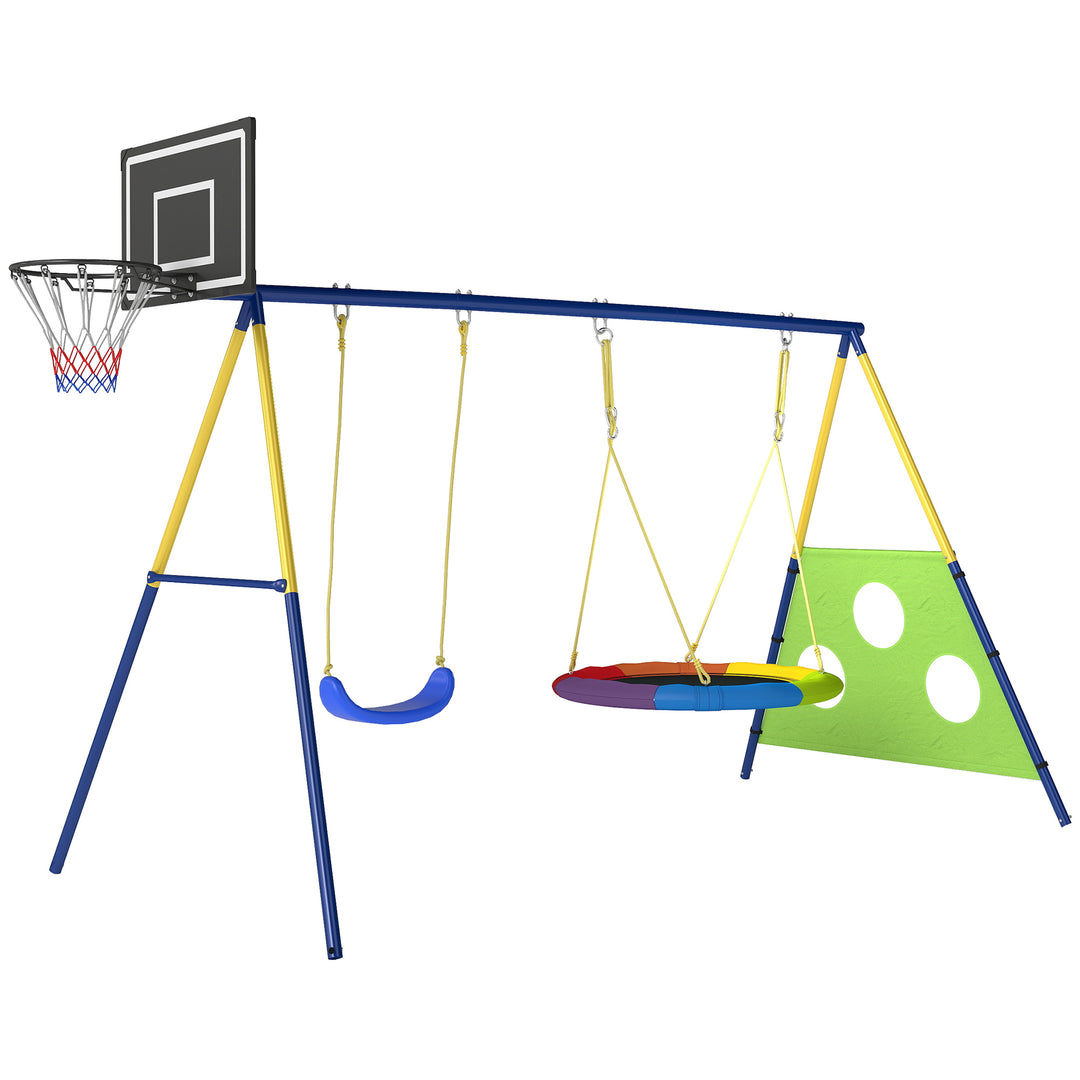 4-in-1 Kids Swing Set with Saucer Swing, Basketball Hoop and Football 