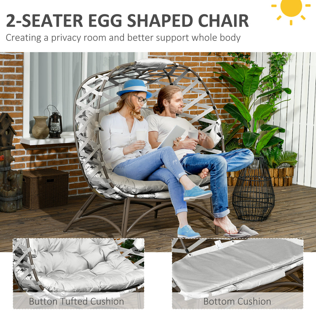 2 Seater Egg Chair Outdoor, Folding Weave Garden Furniture Chair with Cushion, Cup Pockets - Light Grey