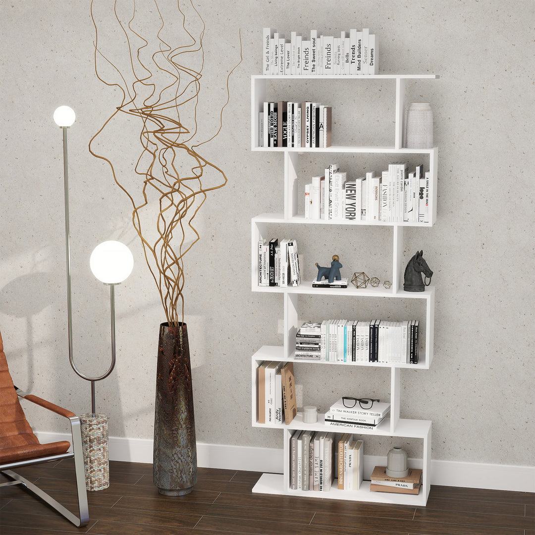 Bookcase, 6 Tier Shelf S Shaped Bookshelf, Storage Unit, Display Shelf for Living Room, Bedroom, Home Office, Plant, White