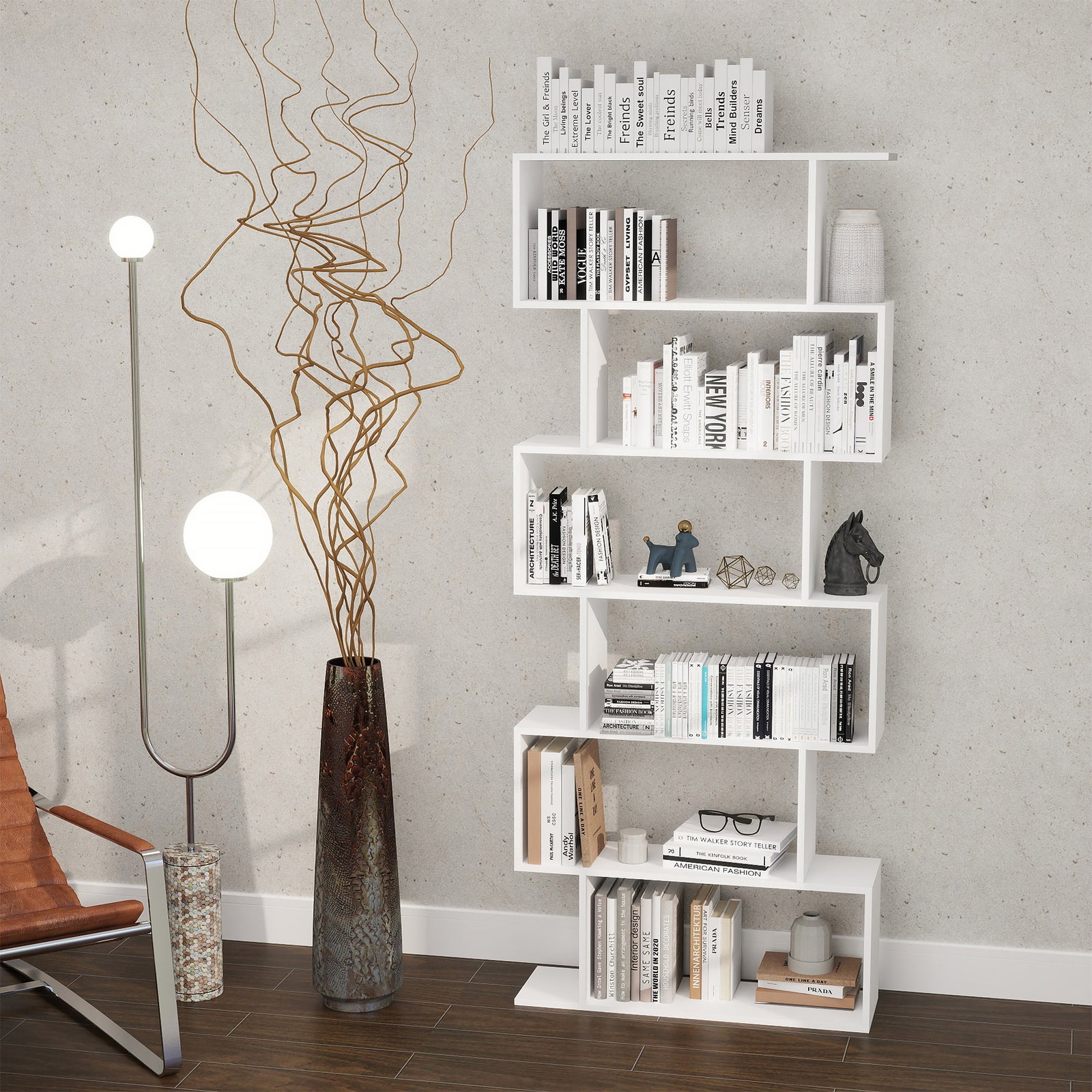 Bookcase, 6 Tier Shelf S Shaped Bookshelf, Storage Unit, Display Shelf for Living Room, Bedroom, Home Office, Plant, White