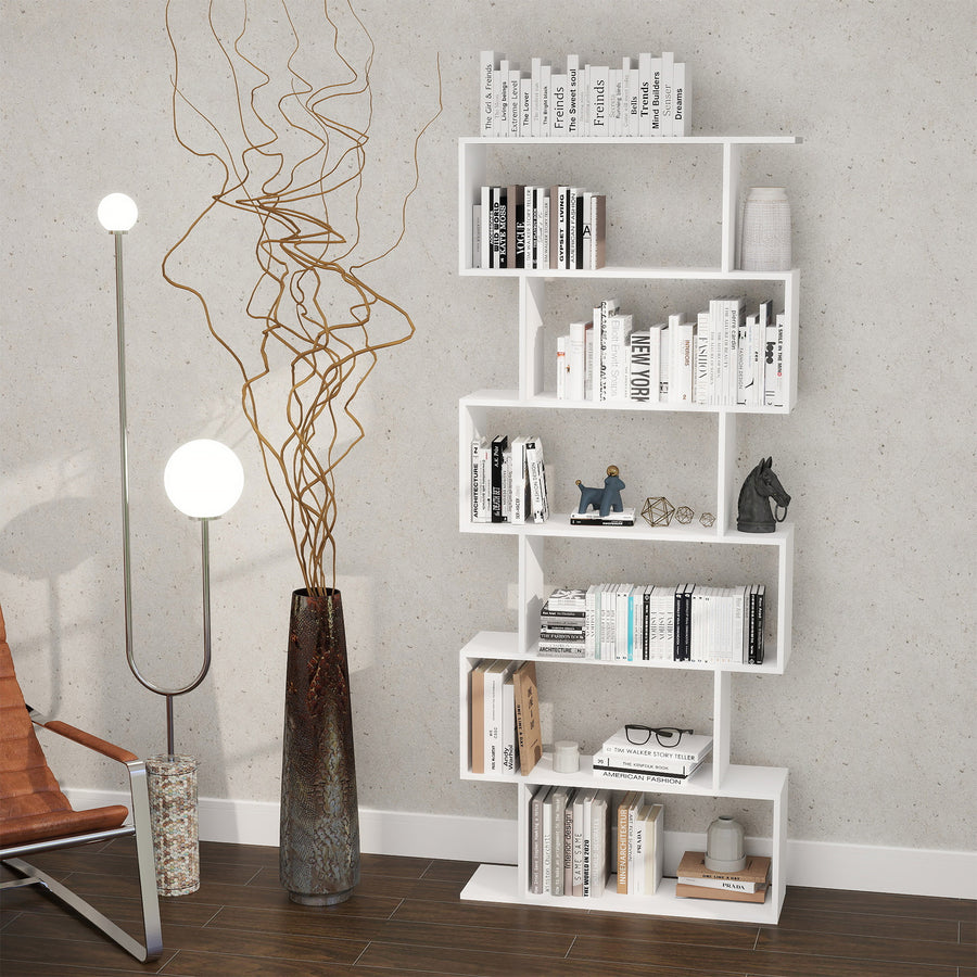 Bookcase, 6 Tier Shelf S Shaped Bookshelf, Storage Unit, Display Shelf for Living Room, Bedroom, Home Office, Plant, White