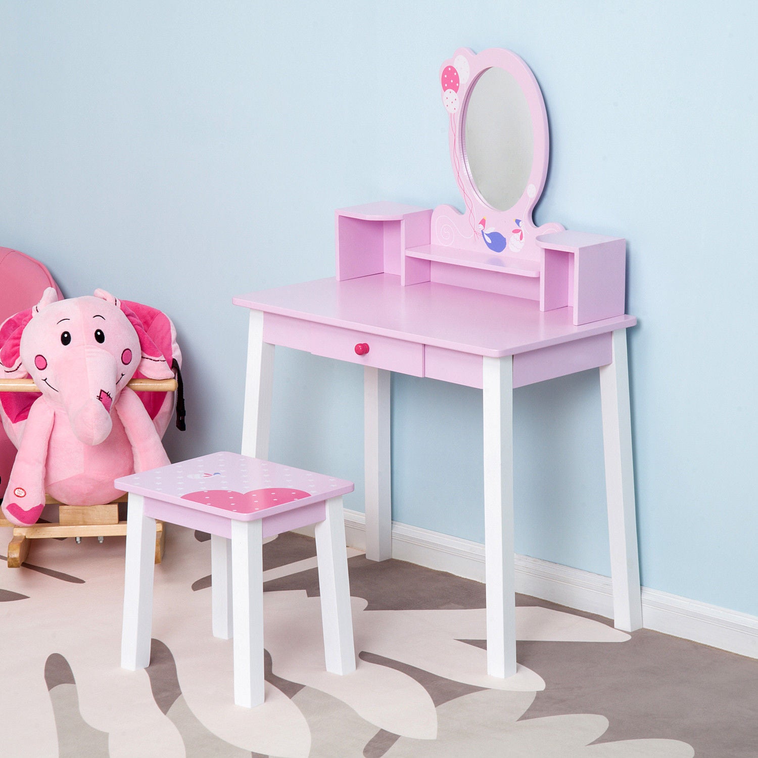 Kids Wooden Dressing Table and Stool Make Up Desk (Pink)