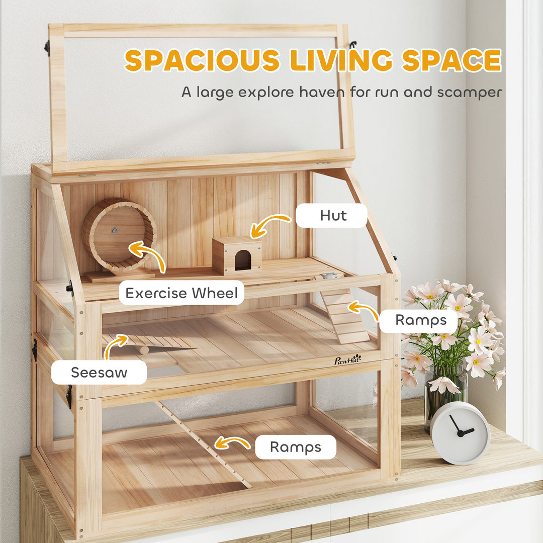 MCL Wooden Hamster Cage with Detachable 31cm Deep Bottom, Hut, Seesaw, Exercise Wheel, Ramp, 80 x 50 x 76cm, Natural