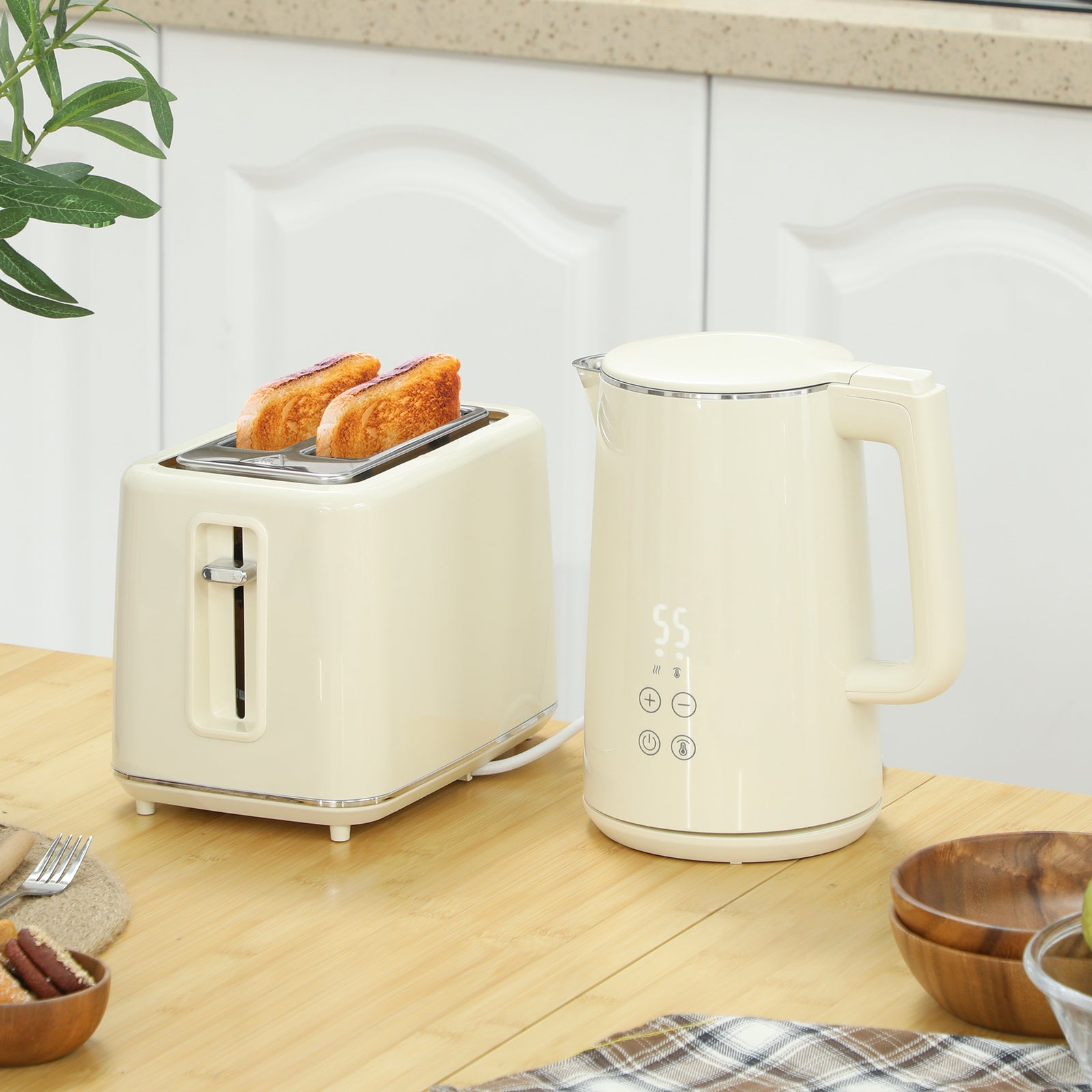 Digital Kettle and Toaster Set, 1.5L 3000W Fast Boil Kettle, 2 Slice Toaster Kitchen Set with 7 Level Browning Controls, Defrost, Reheat, Keep Warm, Crumb Tray and LED Touch Display, Beige