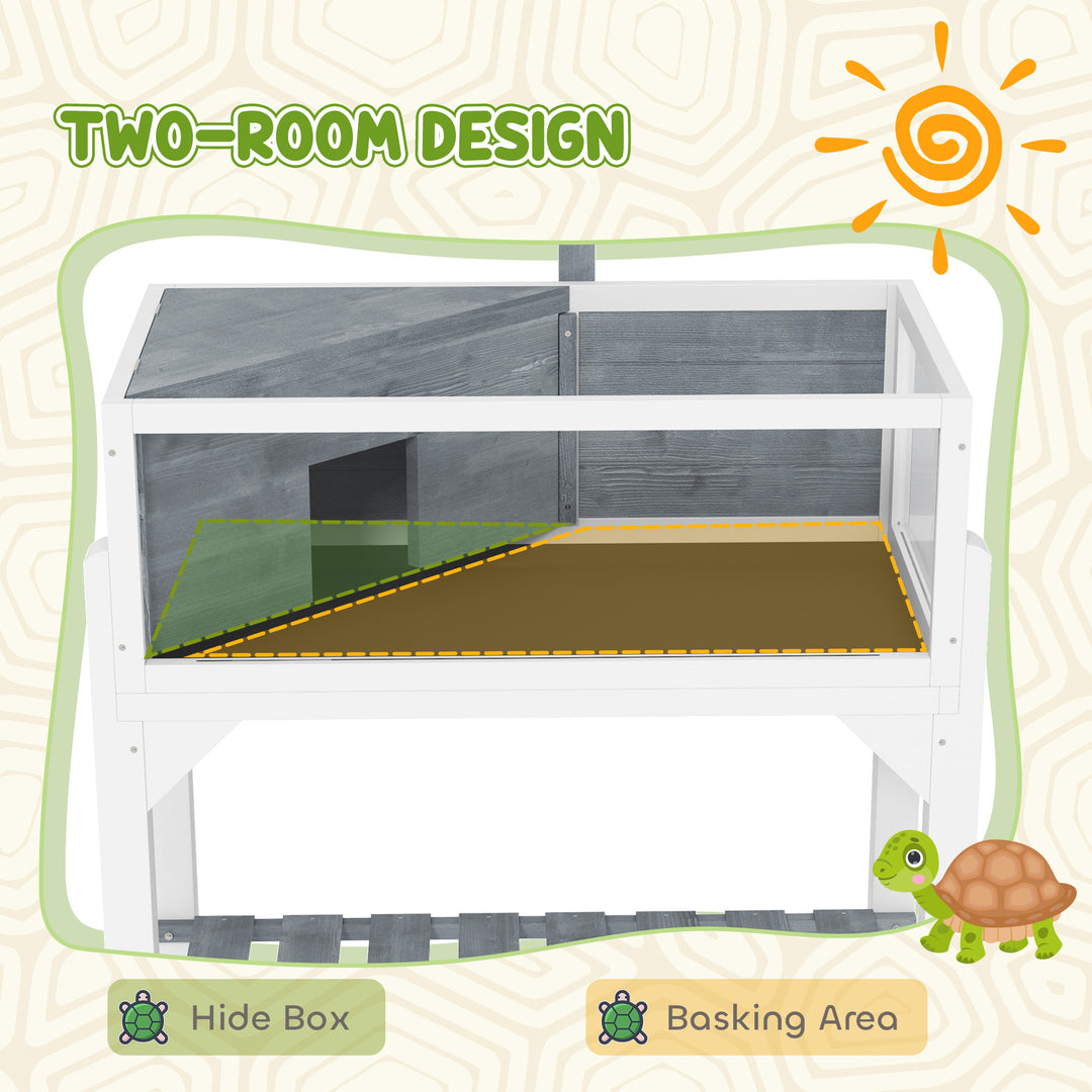 Wooden Tortoise House with Storage Shelf, Clear Observation Windows, Lamp Holder, Openable Top, Built-in Tray, Grey