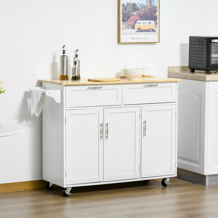 HOMCOM Kitchen Island Utility Cart, with 2 Storage Drawers & Cabinets for Dining Room, White