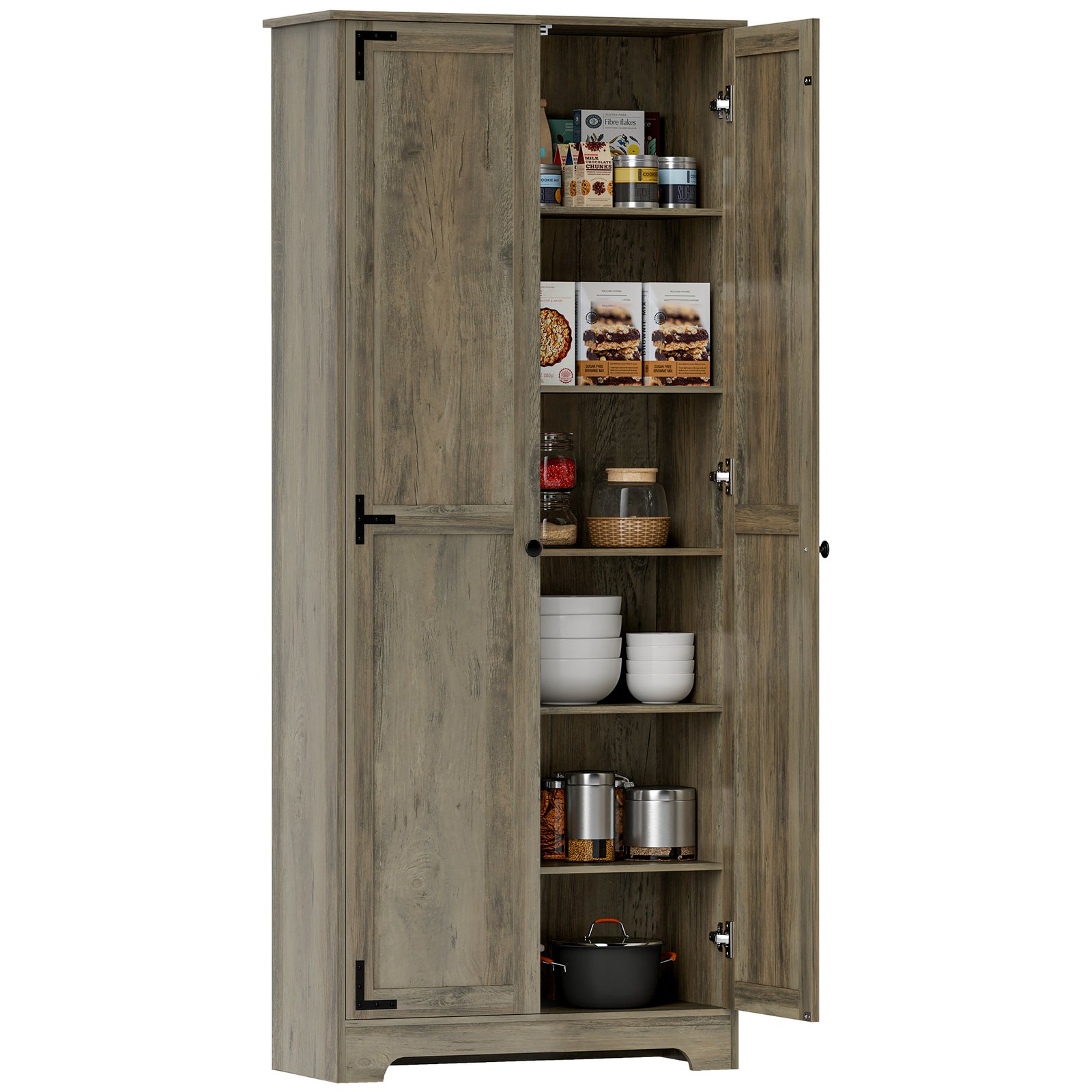 Farmhouse Kitchen Cupboard, Freestanding Kitchen Storage Cabinet with Adjustable Shelves, Tall Storage Cabinet with Recessed Doors, Grey Wood-Effect