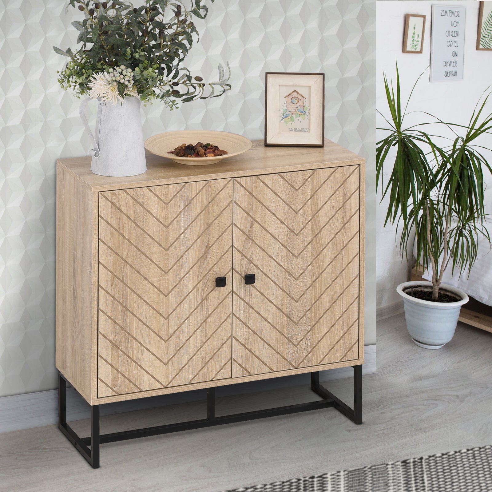 MDF 2-Tier Storage Cabinet Steel Frame Handles Tabletop Unique Home Style Organiser, 80H x 80L x 29.5Wcm-Oak