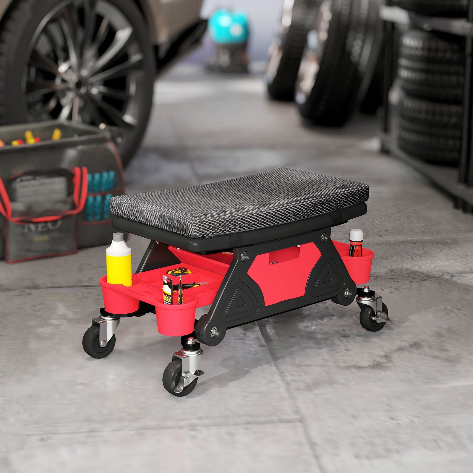 Rolling Mechanic Stool, 135kg Capacity Workshop Stool, 360° Swivel Roller Padded Creeper Seat with Wheels, Slide Out Tool Trays and Drawer for Garage, Shop, Auto Repair, Black