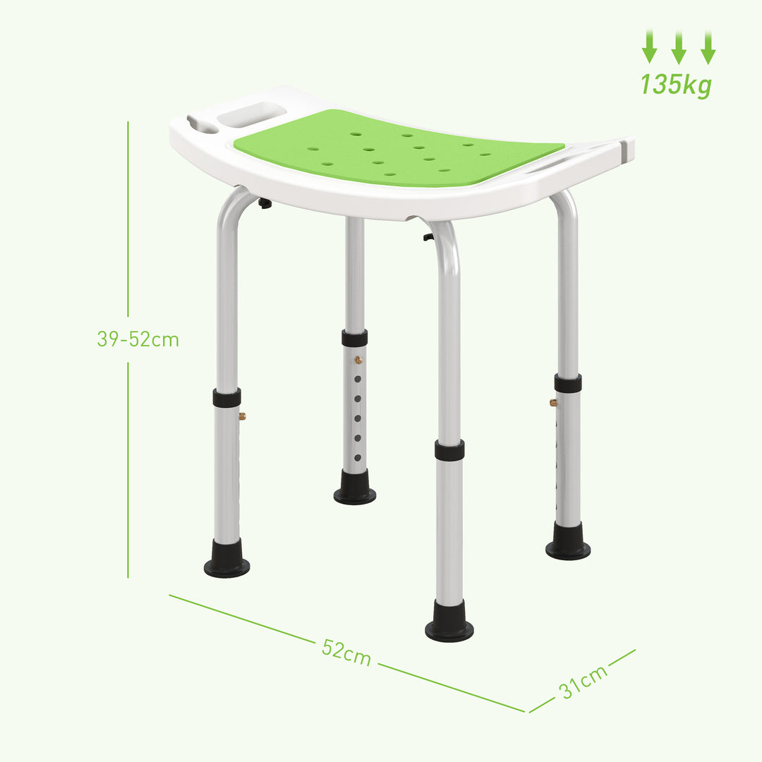 HOMCOM 6-Level Height Adjustable Aluminium Bath Room Stool Chair Shower Non-Slip Design w/ Padded Seat Drainage Holes Foot Pad, Green | Aosom UK