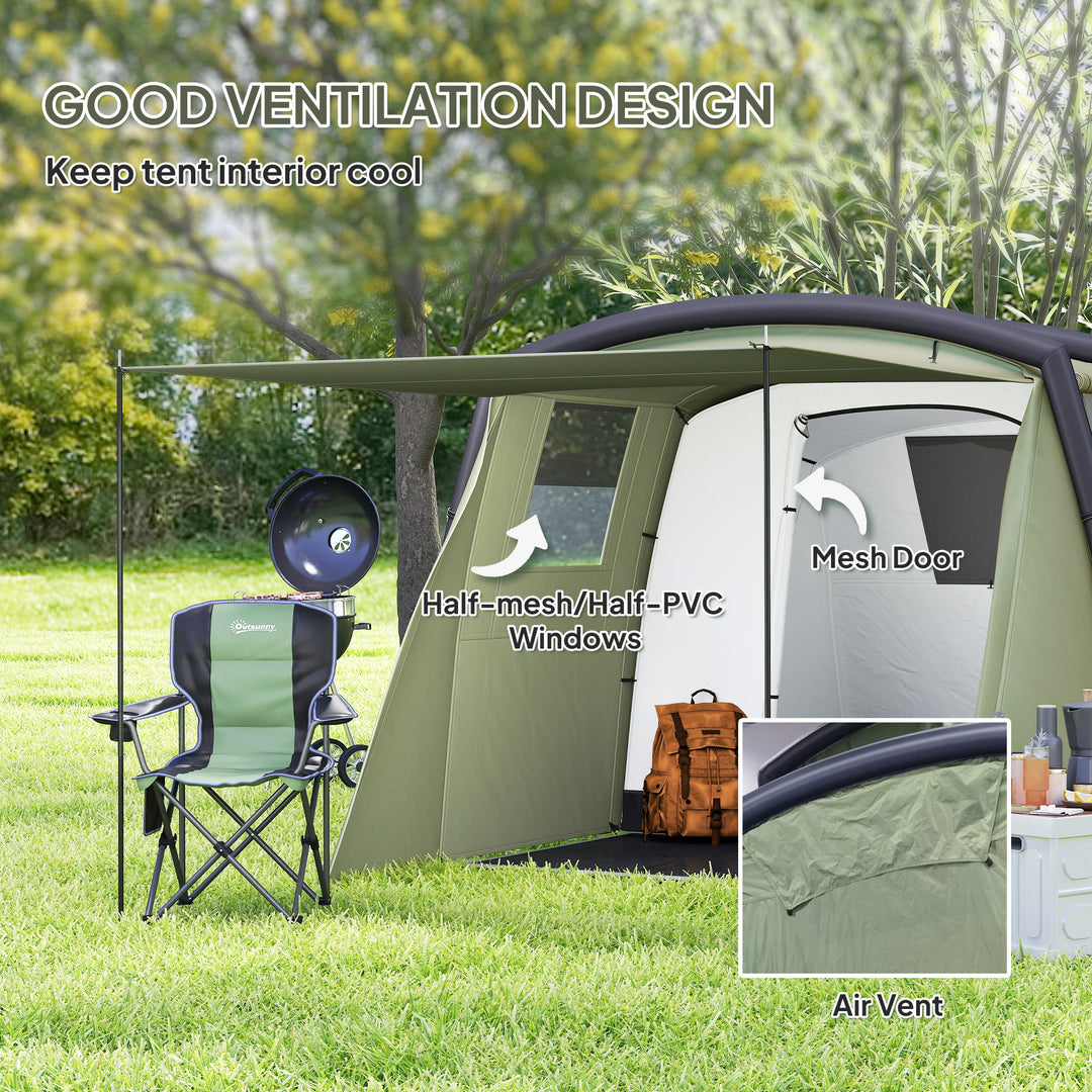 Inflatable 3-4 Man Tunnel Tent w/ Air Pump, Living Area & Vestibule, Waterproof Family Camping Air Tent w/ Sewn In Groundsheet & Removable Footprint for Camping, Hiking, Olive Green