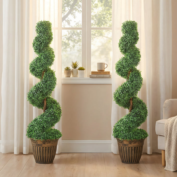 Set of 2 Artificial Plants, Topiary Spiral Boxwood Trees with Pot, for
