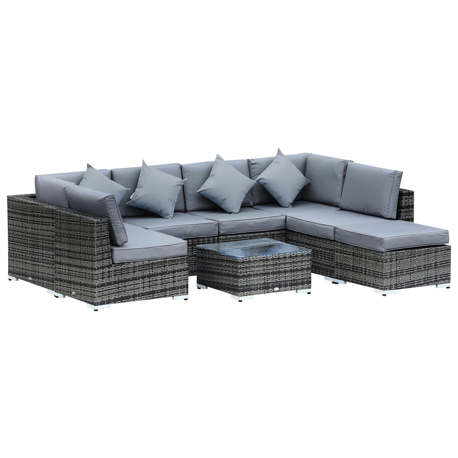 8 Piece Rattan Corner Sofa Set with Wide & Deep Seat, Assembled Aluminium PE Rattan Garden Furniture Set with Thick Cushions and Glass Top Table for Outdoor, Conservatory, Grey