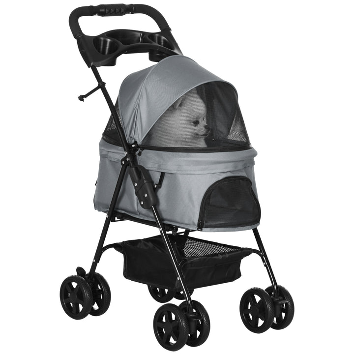 PawHut No-Zip Pet Stroller Dog Cat Travel Pushchair One-Click Fold Trolley Jogger w/ EVA Wheels Brake Basket Adjustable Canopy, Grey | Aosom UK