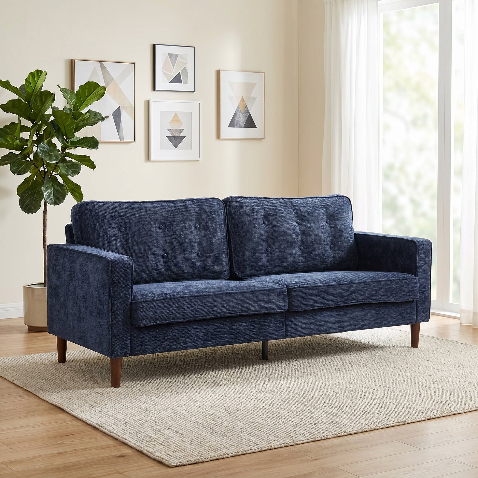 3 Seater Sofa Button Tufted Upholstered Couch with Wood Legs for Livin