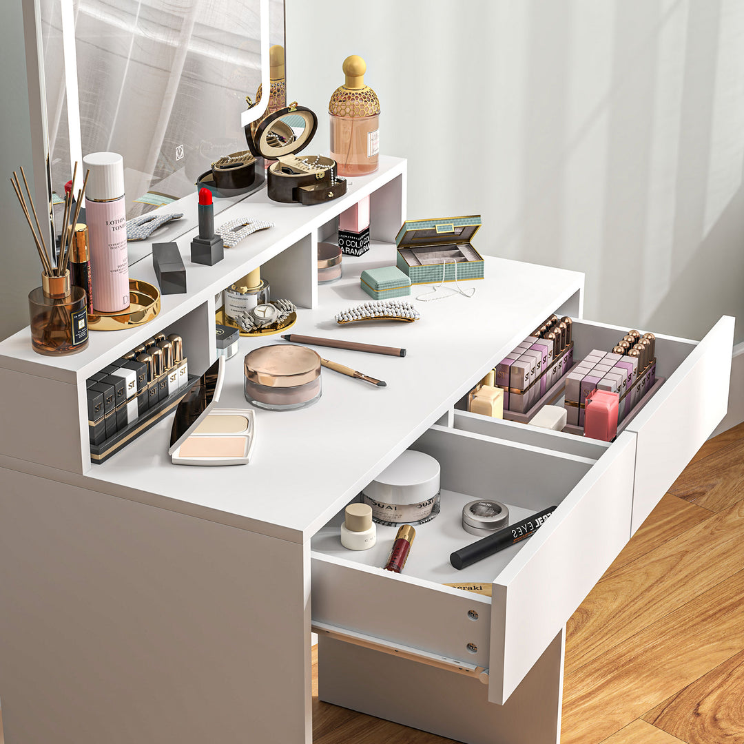 Storage Dressing Table, with LED Light Mirror - White