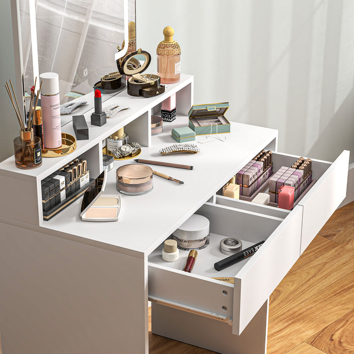 Storage Dressing Table, with LED Light Mirror - White